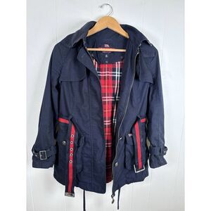 E. LAND‎ American Classic Plaid Lined Navy Blue Belted Jacket Size S  160 / 84A